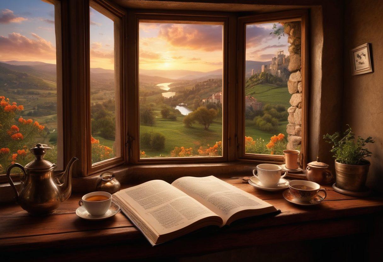 A captivating scene of a cozy writing nook with an open journal and a steaming cup of tea, surrounded by floating story elements like characters, books, and whimsical illustrations. Soft, warm lighting illuminates the space, inviting tranquility and creativity. In the background, a window shows a scenic view of Montecastelo's lush landscapes, enhancing the theme of storytelling. The ambiance should evoke inspiration and engagement with readers. super-realistic. vibrant colors. cozy atmosphere.