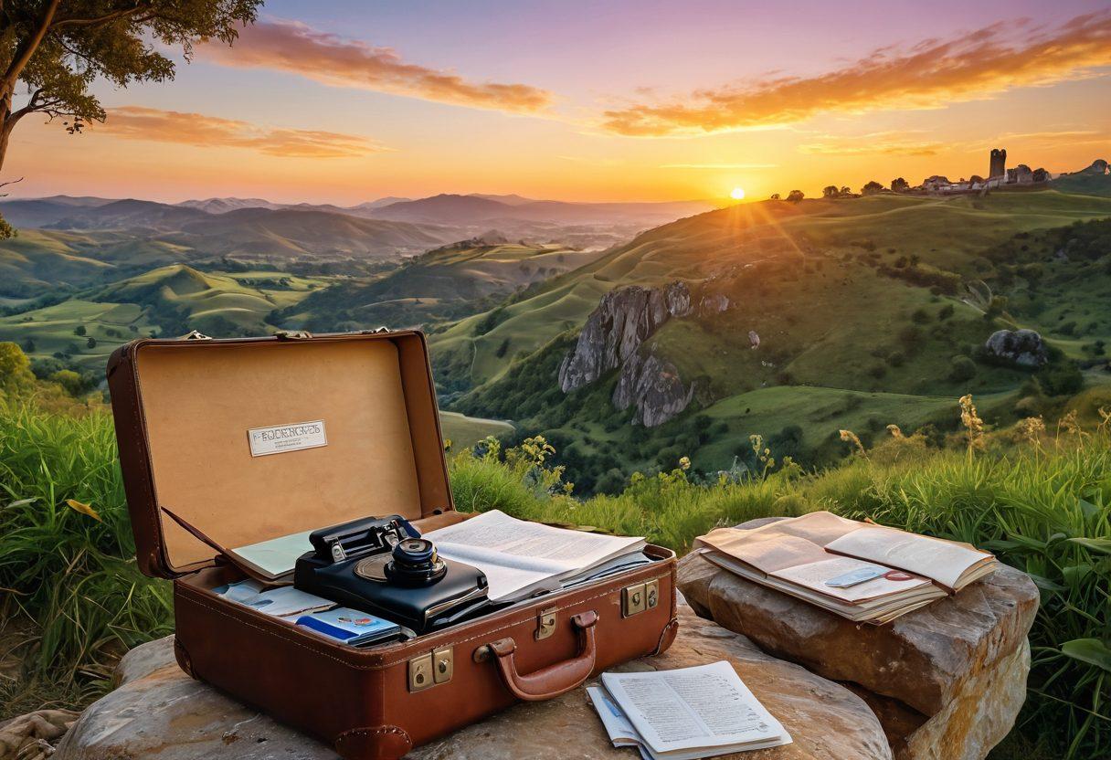 A scenic view of Montecastelo with lush green hills in the background, a vintage suitcase open with travel-themed items spilling out, a vibrant sunset illuminating the sky, and a person sitting on a rock writing in a journal, surrounded by nature. super-realistic. vibrant colors. 3D.