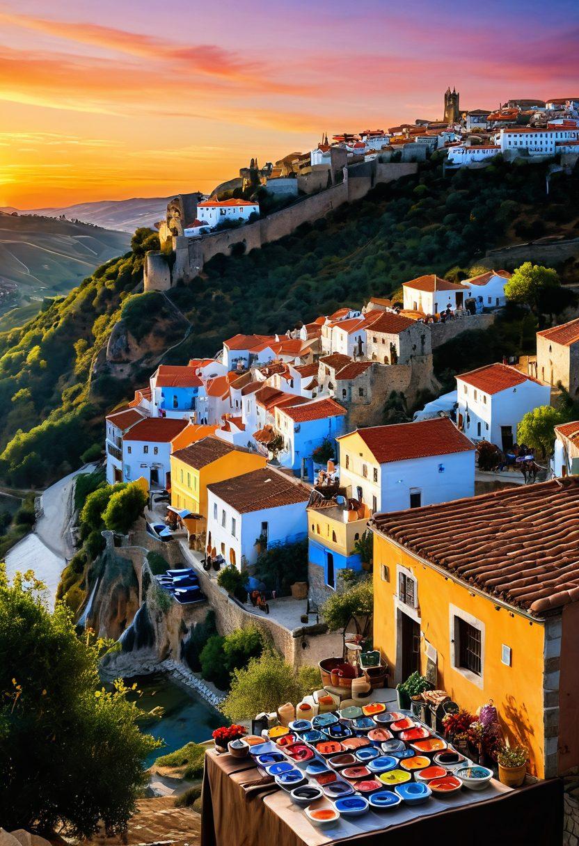 A picturesque Montecastelo landscape, featuring local artisans and vibrant street markets bustling with activity, reflecting the culture and spirit of the community. Showcase a camera lens focusing on an artist painting the scenery, with colorful local crafts in the foreground. The background should include rolling hills and quaint houses under a stunning sunset. vibrant colors. super-realistic.
